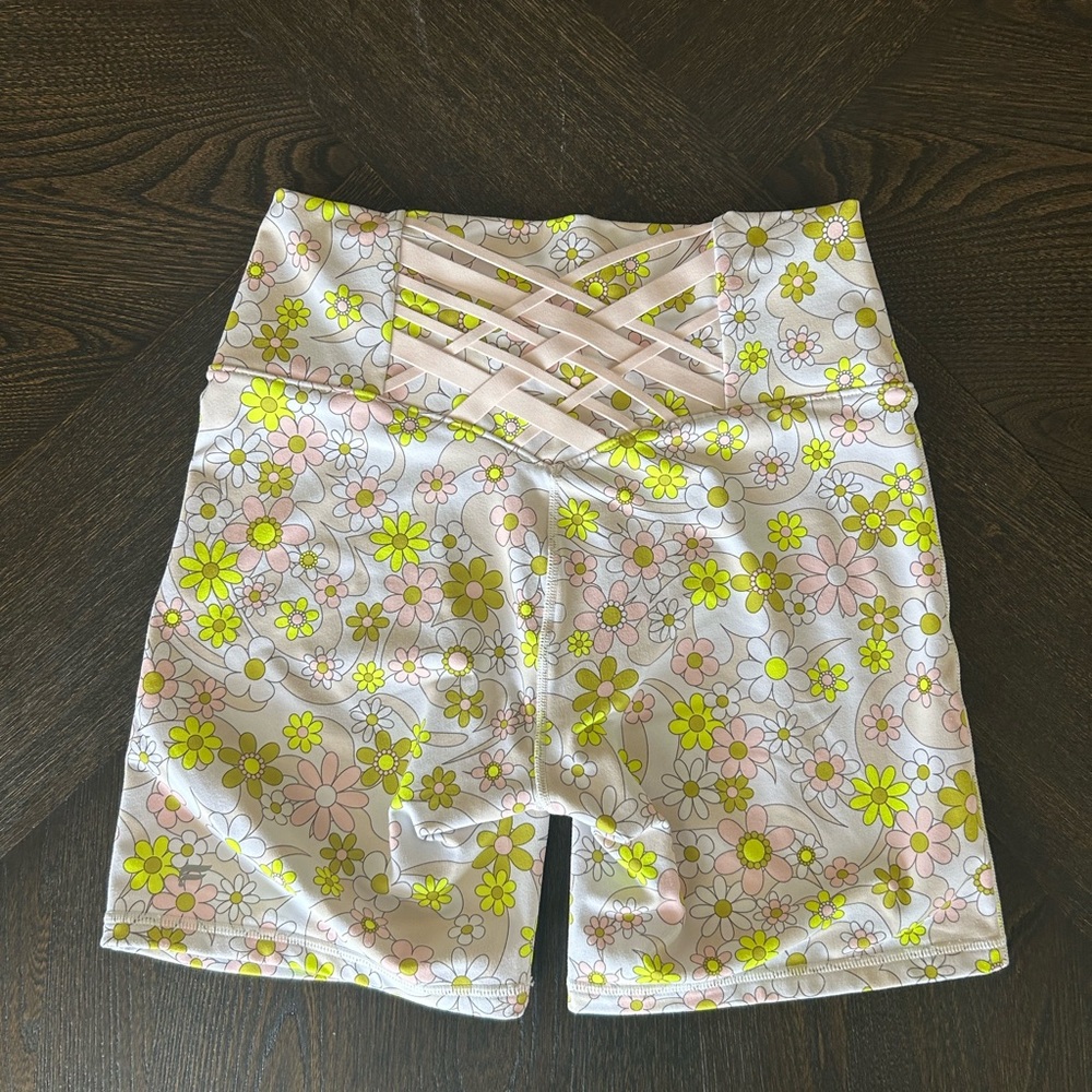 Fabletics PowerHold Pink & Yellow Spring Floral High-Waist Athletic Shorts Med.
